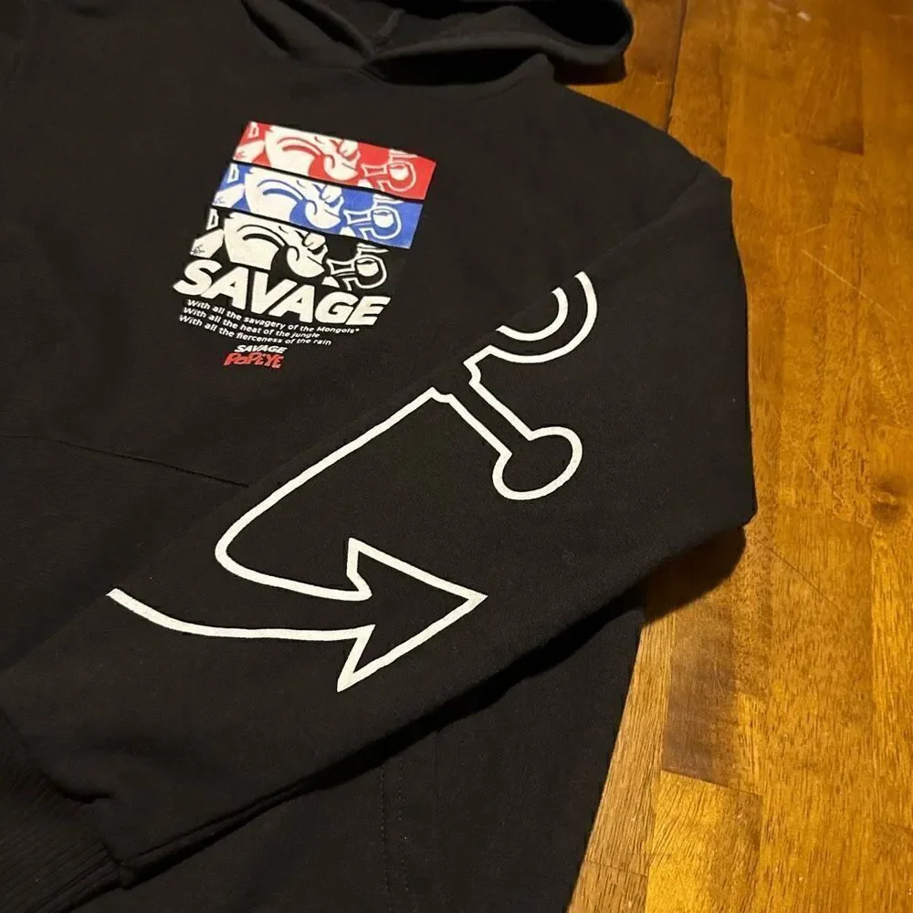 Savage Popeye Hoodie Black Hooded Sweater Sweatshirt Pullover Boys Youth Sz L